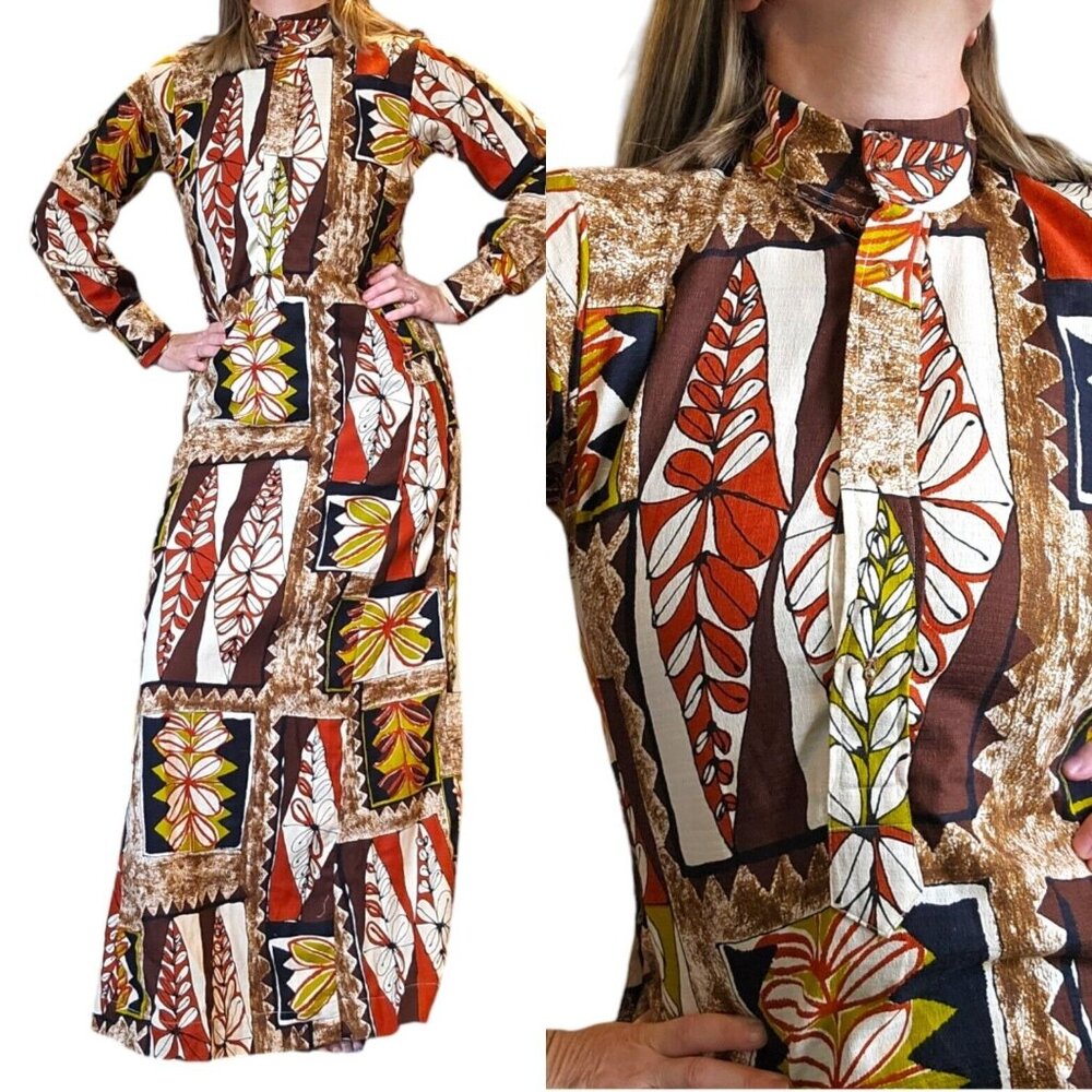 Vintage 60s‎ 70s Womens Size 6 Barkcloth Modest Dress Abstract Hawaiian Brown